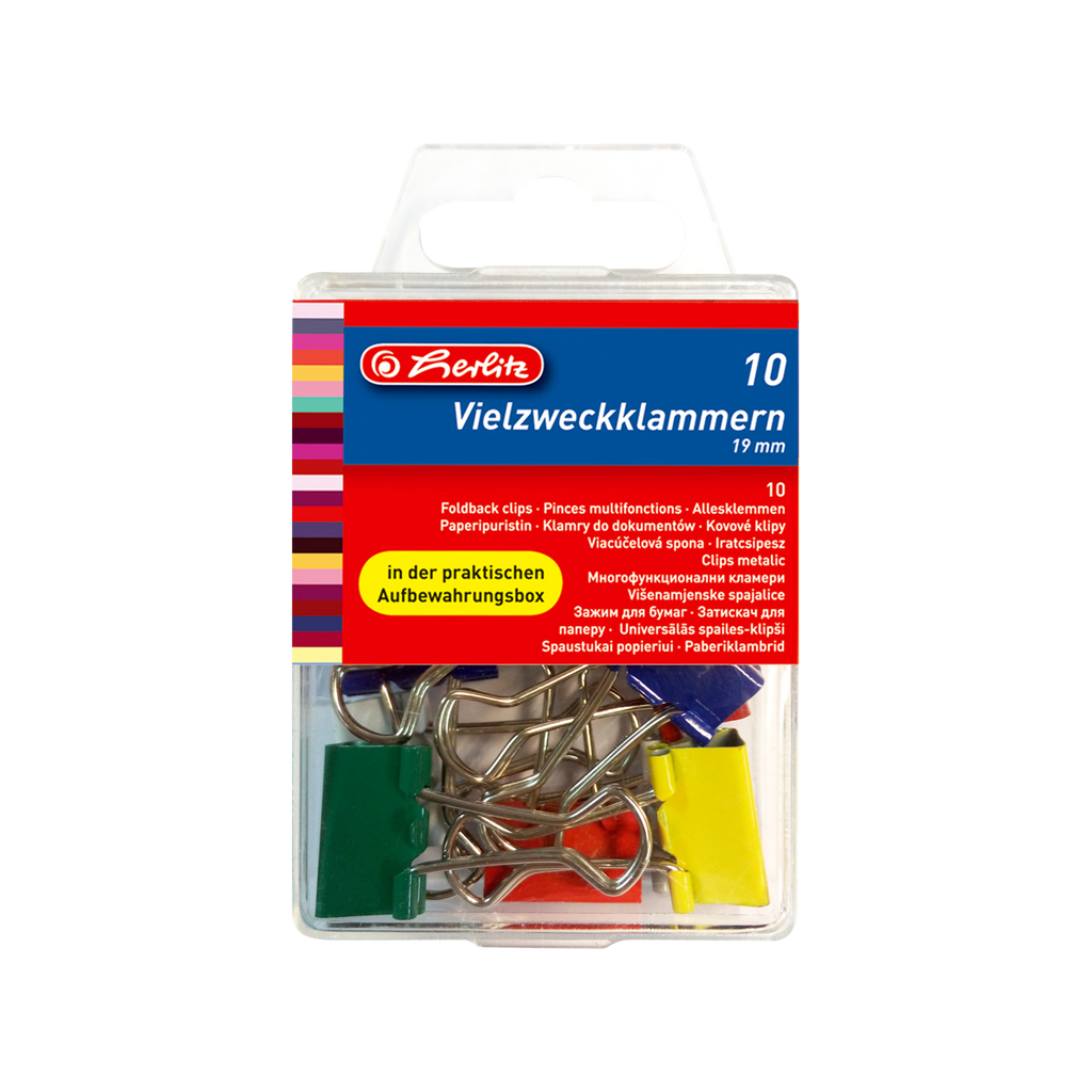 FOLD BACK CLIPS 19MM 10PCS/BOX COLOURED