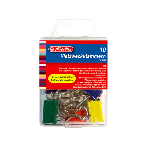 FOLD BACK CLIPS 19MM 10PCS/BOX COLOURED